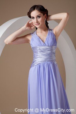 Lilac Ruched V-neck Prom Evening Dress Chiffon Brush Train