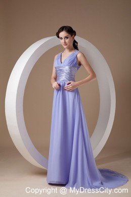 Lilac Ruched V-neck Prom Evening Dress Chiffon Brush Train