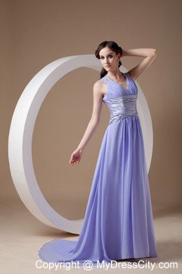 Lilac Ruched V-neck Prom Evening Dress Chiffon Brush Train