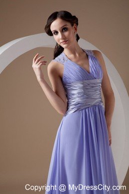 Lilac Ruched V-neck Prom Evening Dress Chiffon Brush Train