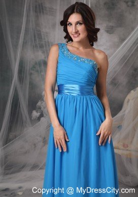 Beading One Shoulder Sky Blue Ruching Prom Dresses with Belt