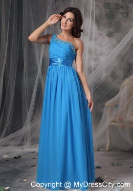 Beading One Shoulder Sky Blue Ruching Prom Dresses with Belt