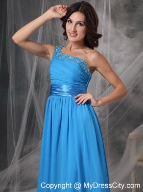 Beading One Shoulder Sky Blue Ruching Prom Dresses with Belt