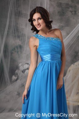 Beading One Shoulder Sky Blue Ruching Prom Dresses with Belt