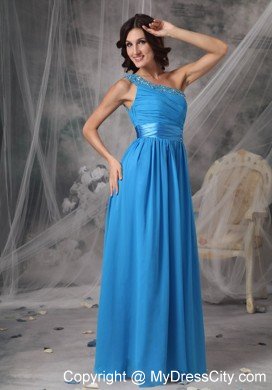 Beading One Shoulder Sky Blue Ruching Prom Dresses with Belt