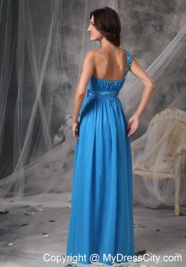 Beading One Shoulder Sky Blue Ruching Prom Dresses with Belt