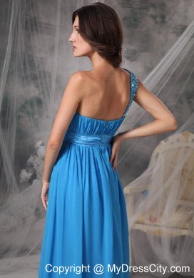 Beading One Shoulder Sky Blue Ruching Prom Dresses with Belt