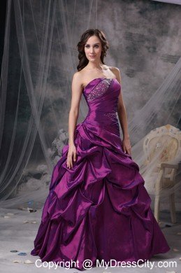 Purple Beaded Pick-ups Strapless Prom Dress with Corset Back