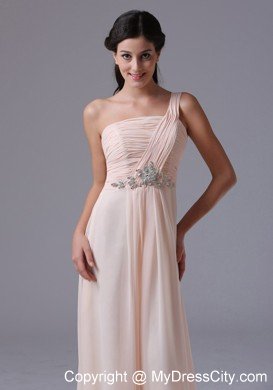 Ruching One Shoulder Baby Pink Chiffon Prom Evening Dress Beaded