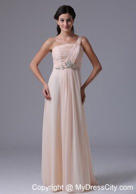 Ruching One Shoulder Baby Pink Chiffon Prom Evening Dress Beaded