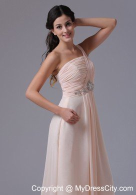 Ruching One Shoulder Baby Pink Chiffon Prom Evening Dress Beaded