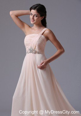 Ruching One Shoulder Baby Pink Chiffon Prom Evening Dress Beaded