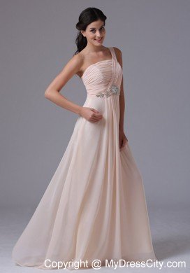 Ruching One Shoulder Baby Pink Chiffon Prom Evening Dress Beaded