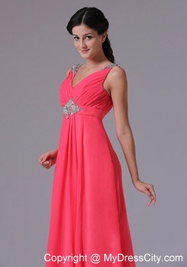 2013 Chiffon V-neck Coral Red Beading Ruched Evening Prom Dress