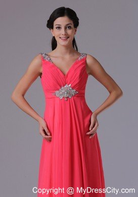 2013 Chiffon V-neck Coral Red Beading Ruched Evening Prom Dress