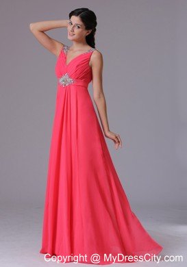 2013 Chiffon V-neck Coral Red Beading Ruched Evening Prom Dress