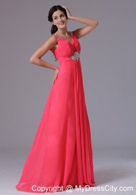 2013 Chiffon V-neck Coral Red Beading Ruched Evening Prom Dress