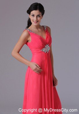 2013 Chiffon V-neck Coral Red Beading Ruched Evening Prom Dress