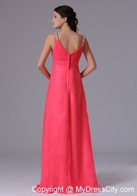 2013 Chiffon V-neck Coral Red Beading Ruched Evening Prom Dress