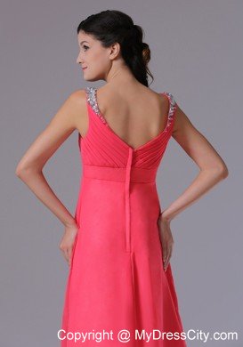 2013 Chiffon V-neck Coral Red Beading Ruched Evening Prom Dress