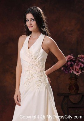 Halter Champagne Appliques Prom Celebrity Dress with Brush Train