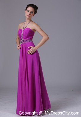 Pleating Halter Beaded Fuchsia Chiffon Party Prom Dresses 2013