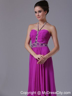 Pleating Halter Beaded Fuchsia Chiffon Party Prom Dresses 2013