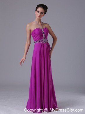 Pleating Halter Beaded Fuchsia Chiffon Party Prom Dresses 2013