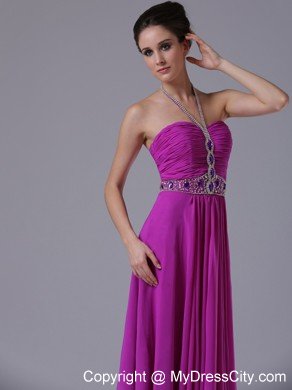 Pleating Halter Beaded Fuchsia Chiffon Party Prom Dresses 2013