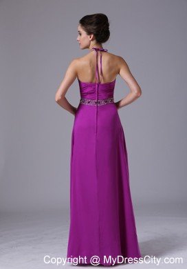 Pleating Halter Beaded Fuchsia Chiffon Party Prom Dresses 2013