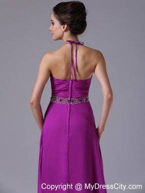 Pleating Halter Beaded Fuchsia Chiffon Party Prom Dresses 2013