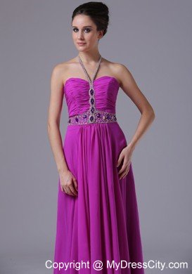 Pleating Halter Beaded Fuchsia Chiffon Party Prom Dresses 2013