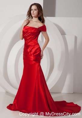 Off The Shoulder Red Evening Dress Ruched Elastic Wove Satin