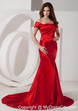 Off The Shoulder Red Evening Dress Ruched Elastic Wove Satin