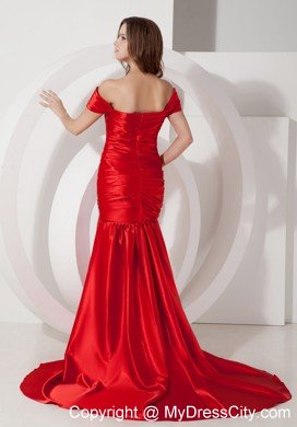 Off The Shoulder Red Evening Dress Ruched Elastic Wove Satin