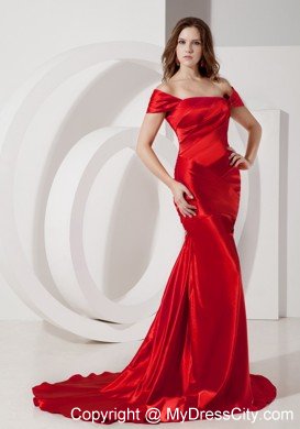 Off The Shoulder Red Evening Dress Ruched Elastic Wove Satin