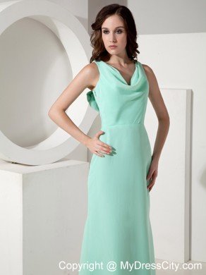 V-neck Apple Green Sweep Train Prom Dress with Big Bow on Back