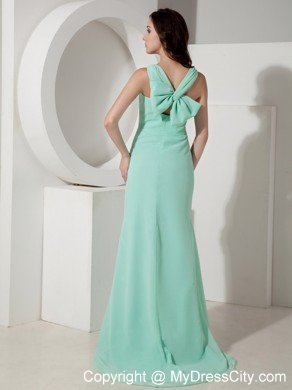 V-neck Apple Green Sweep Train Prom Dress with Big Bow on Back