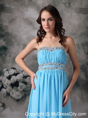 Baby Blue Beading Pleated Chiffon Prom Dress with Cutout Back