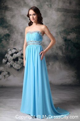 Baby Blue Beading Pleated Chiffon Prom Dress with Cutout Back