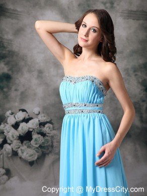 Baby Blue Beading Pleated Chiffon Prom Dress with Cutout Back