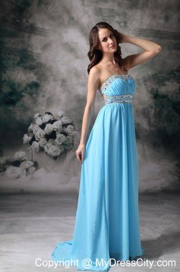 Baby Blue Beading Pleated Chiffon Prom Dress with Cutout Back