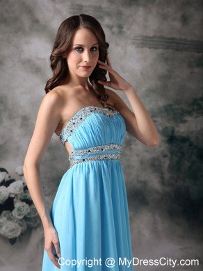 Baby Blue Beading Pleated Chiffon Prom Dress with Cutout Back