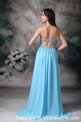 Baby Blue Beading Pleated Chiffon Prom Dress with Cutout Back