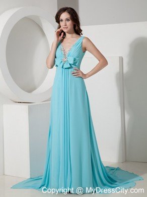 V-neck Prom Homecoming Dress Light Blue Chiffon Beaded Bowknot