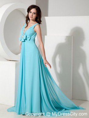 V-neck Prom Homecoming Dress Light Blue Chiffon Beaded Bowknot