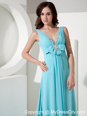 V-neck Prom Homecoming Dress Light Blue Chiffon Beaded Bowknot