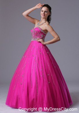 Fuchsia Beaded Sweetheart Corset Back Tulle Prom Dress 2014