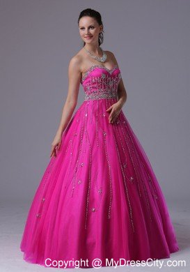 Fuchsia Beaded Sweetheart Corset Back Tulle Prom Dress 2014