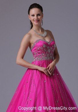 Fuchsia Beaded Sweetheart Corset Back Tulle Prom Dress 2014